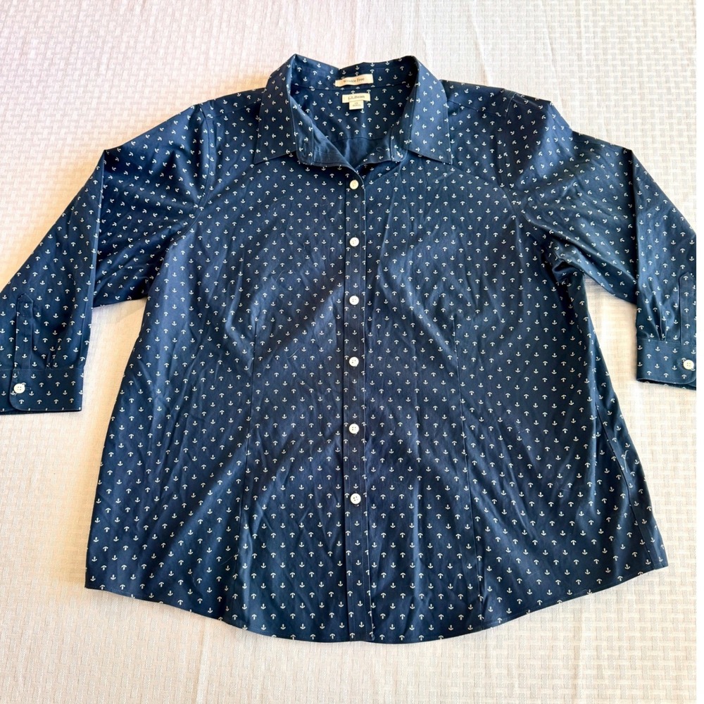 LL Bean Womens 1X Navy Blue Anchor Print Wrinkle Free Cotton Button Down Shirt